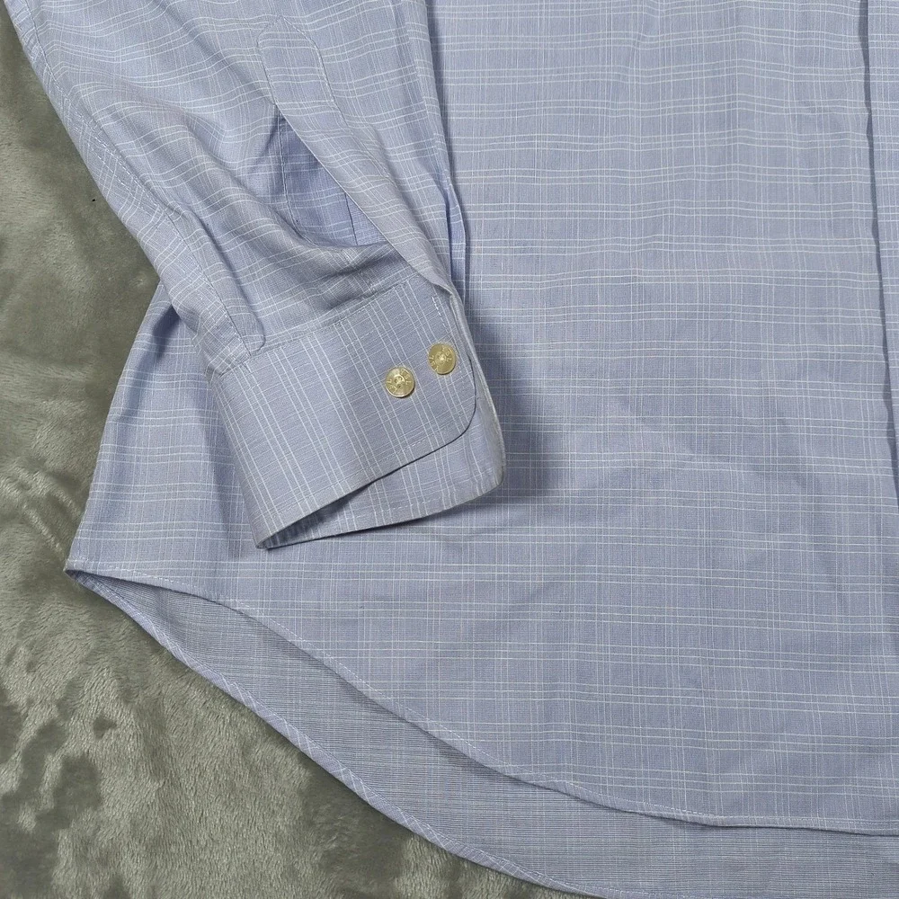 Vintage Yves Saint Laurent‎ Shirt Mens 17.5 Blue Plaid Long Sleeve Button Up USA